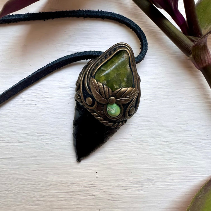 Black Obsidian Arrowhead Vesuvianite and Tibetan Turquoise Pendant - FairyGardenGlow