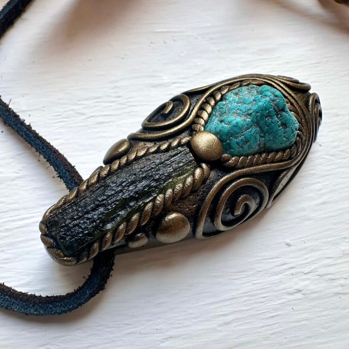 Turquoise and Moldavite Pendant Necklace - FairyGardenGlow