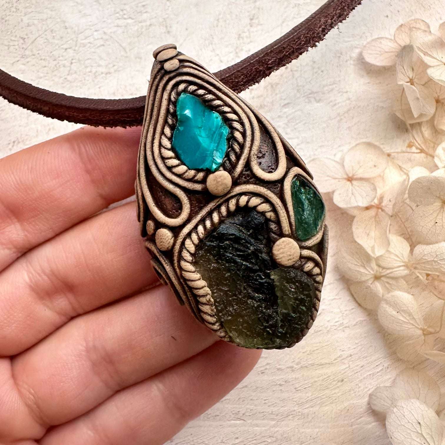 Moldavite Green Tourmaline and Chrysocolla Necklace - FairyGardenGlow