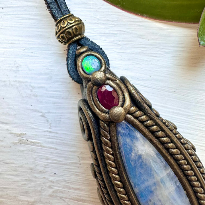 Rainbow Moonstone Ruby and Australian Opal Necklace - FairyGardenGlow