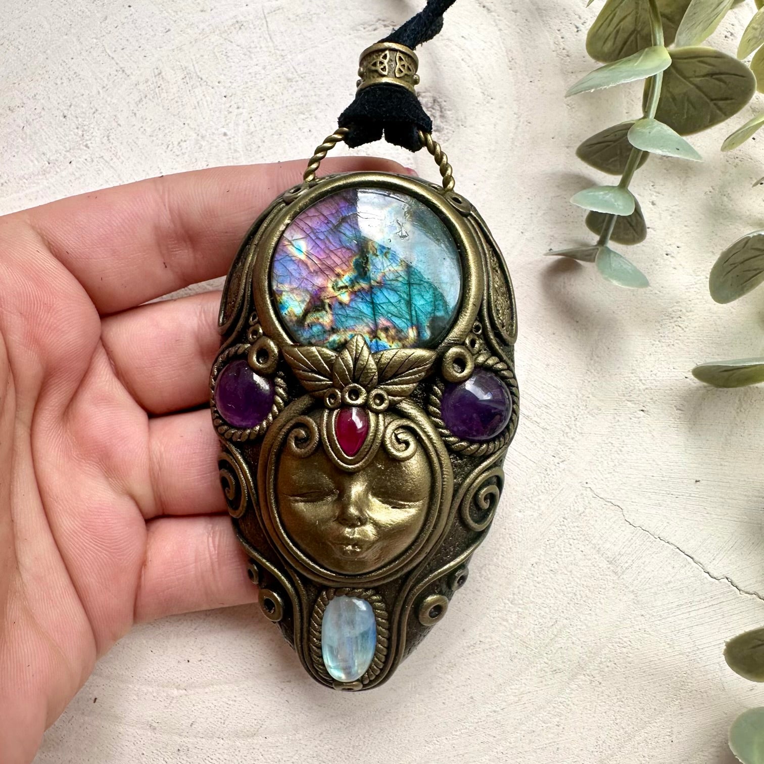 Handmade goddess pendant necklace with natural healing gemstones