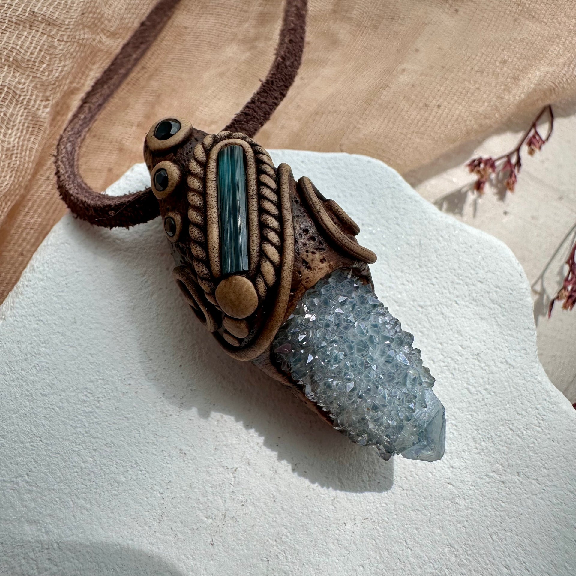 Aqua Aura Spirit Quartz Blue Tourmaline and Blue Sapphire Pendant