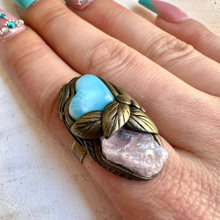 Natural gemstone ring with raw rose quartz and larimar