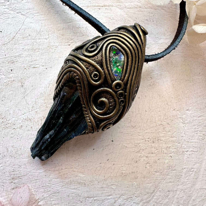 Vivianite and Boulder Opal Pendant - FairyGardenGlow