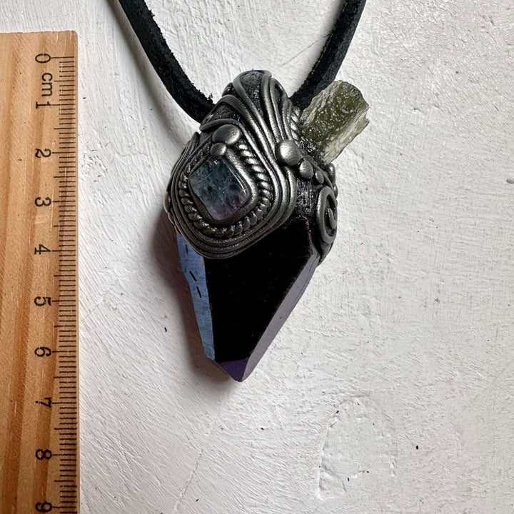 Cobalt Aura Quartz Moldavite and Bi Color Tourmaline Pendant Necklace - FairyGardenGlow