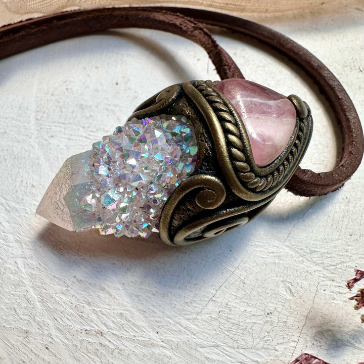 Angel Aura Spirit Quartz and Rhodochrosite Crystal Necklace - FairyGardenGlow