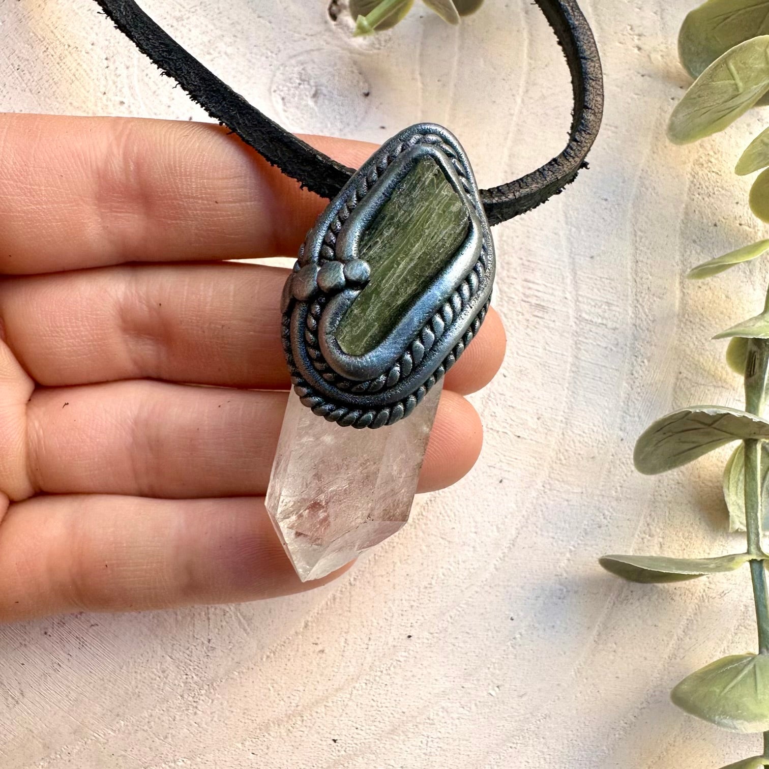 Clear Quartz and Moldavite Necklace, Handmade Unisex Pendant