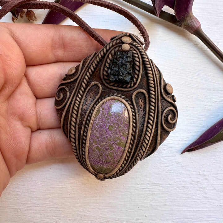Stichtite and Moldavite Necklace - FairyGardenGlow