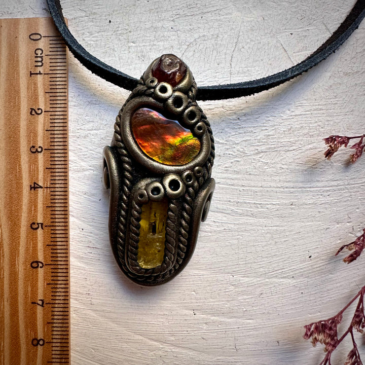 Ammolite Heliodor and Hessonite Garnet Necklace - FairyGardenGlow