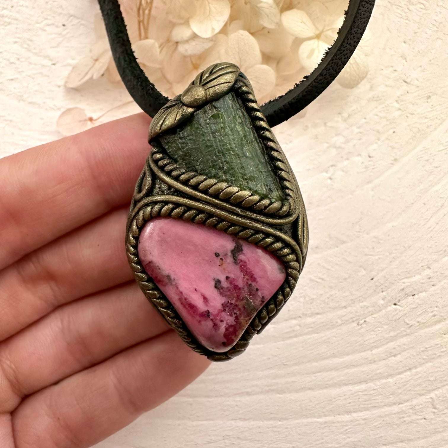 Rhodonite and Moldavite Pendant Necklace - FairyGardenGlow
