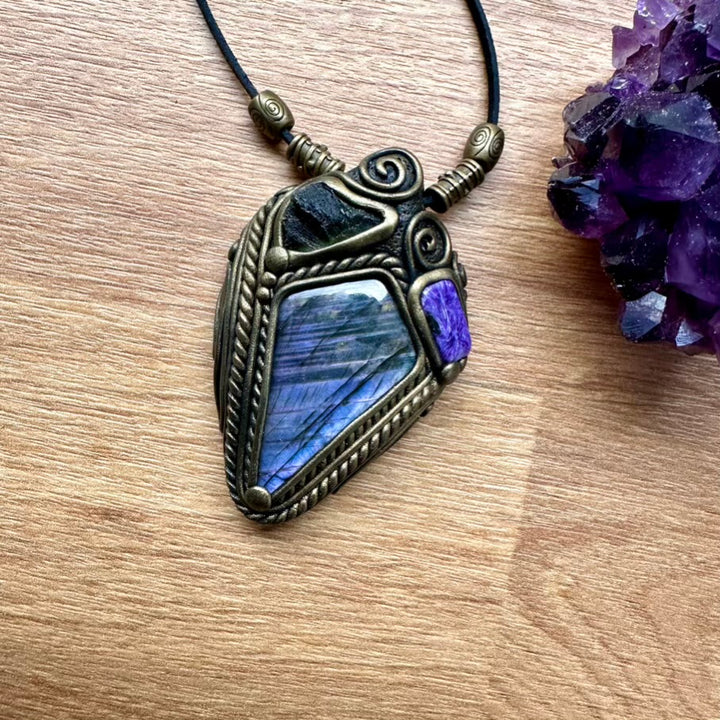 Purple Labradorite Moldavite and Charoite Necklace - FairyGardenGlow