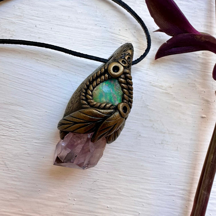 Raw Amethyst and Raw Opal Necklace - FairyGardenGlow