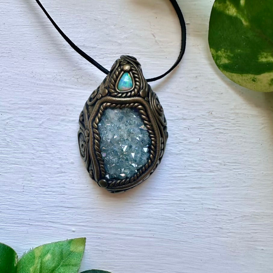 Aqua Aura Quartz Cluster and Australian Opal Necklace - FairyGardenGlow