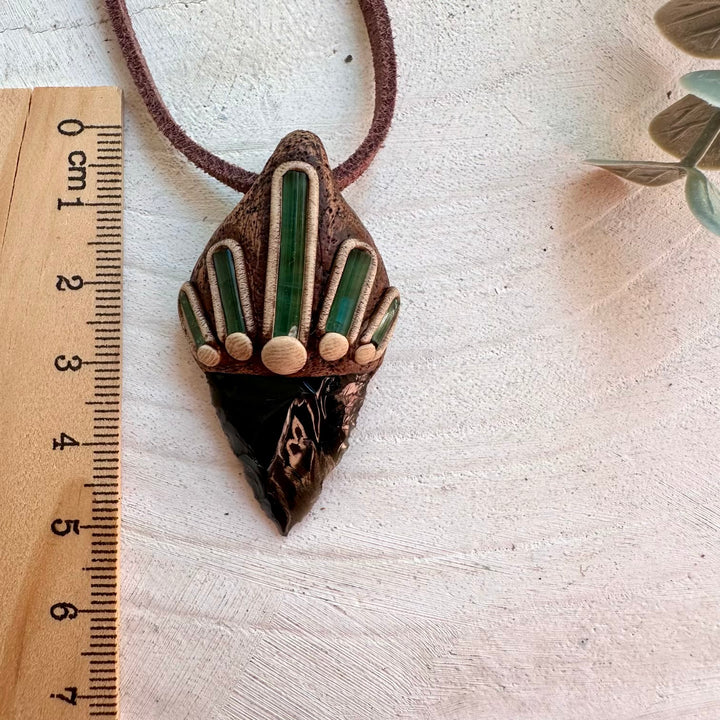 Spiritual obsidian and tourmaline crystal pendant for strength and emotional harmony