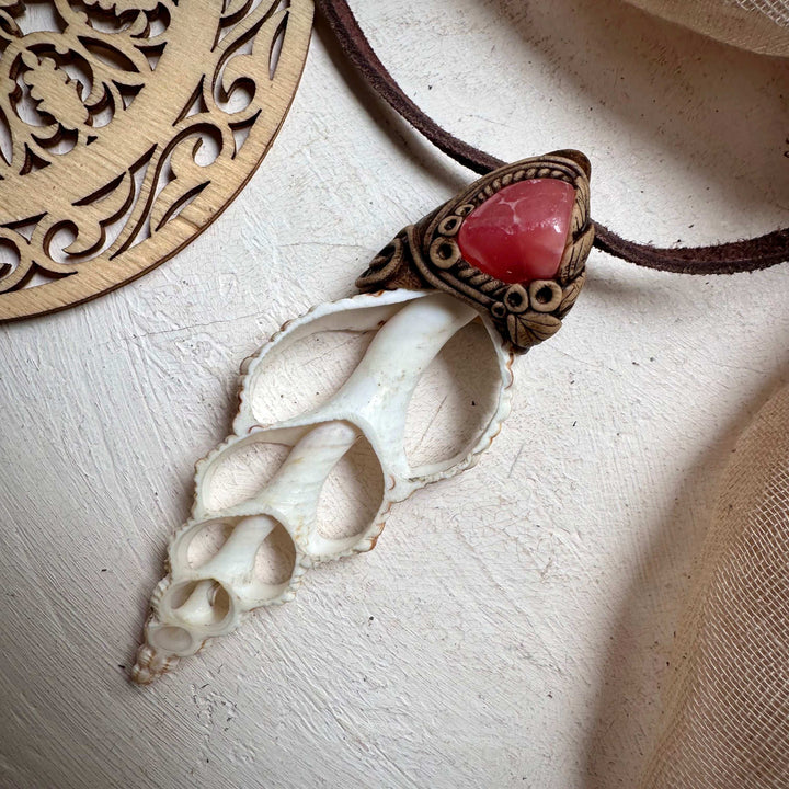 Seashell and Rhdoochrosite Necklace - FairyGardenGlow