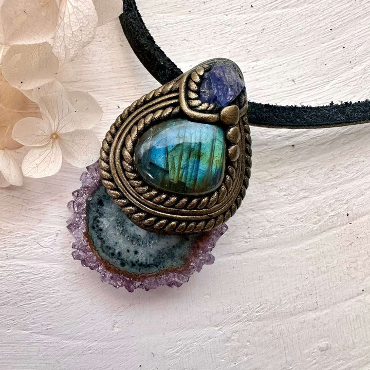 Amethyst Stalactite Labradorite and Tanzanite Pendant Necklace - FairyGardenGlow