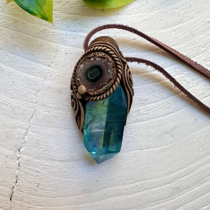 Aqua Aura Quartz and Amethyst Stalactite Pendant Necklace - FairyGardenGlow