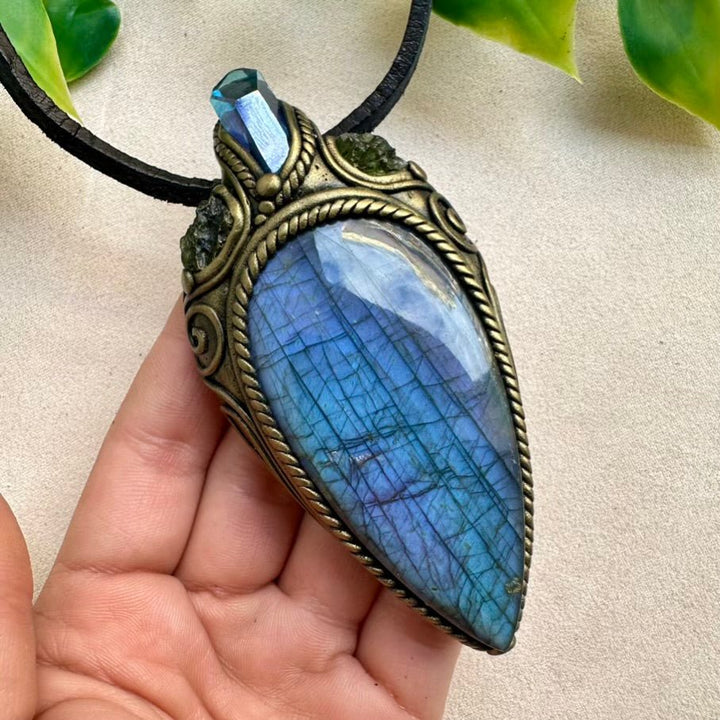 Large Deep Purple-Blue Labradorite with Aqua Aura Quartz and Moldavite Necklace FairyGardenGlow