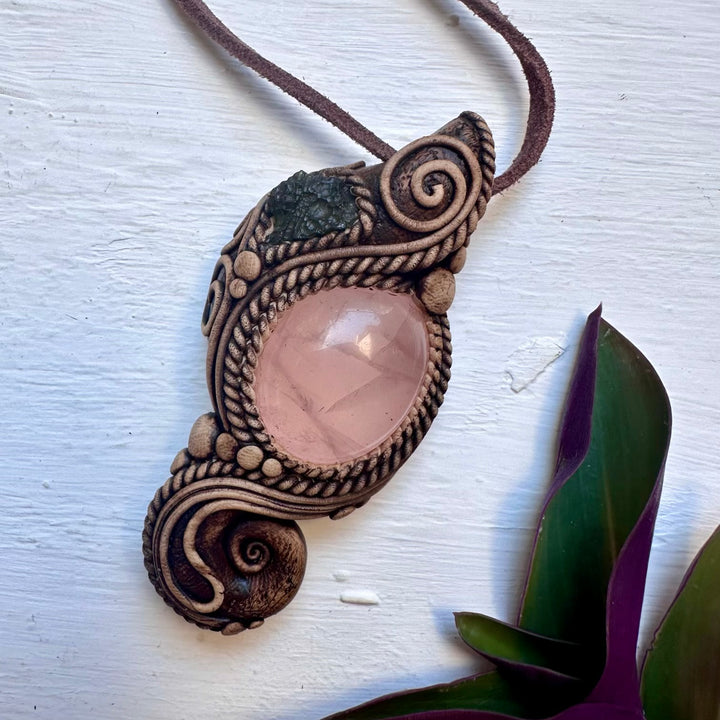 Rose Quartz and Moldavite Pendant Necklace - FairyGardenGlow