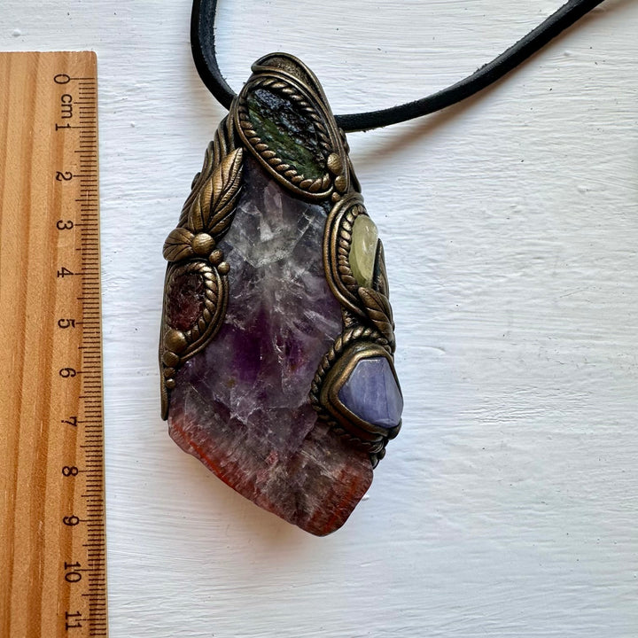 Super Seven Quartz Moldavite Tanzanite Red Garnet and Brazilianite Wand / Pendant - FairyGardenGlow