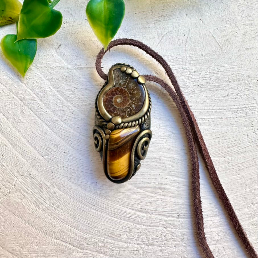 Ammonite and Tigers Eye Necklace, Handmade Crystal Pendant