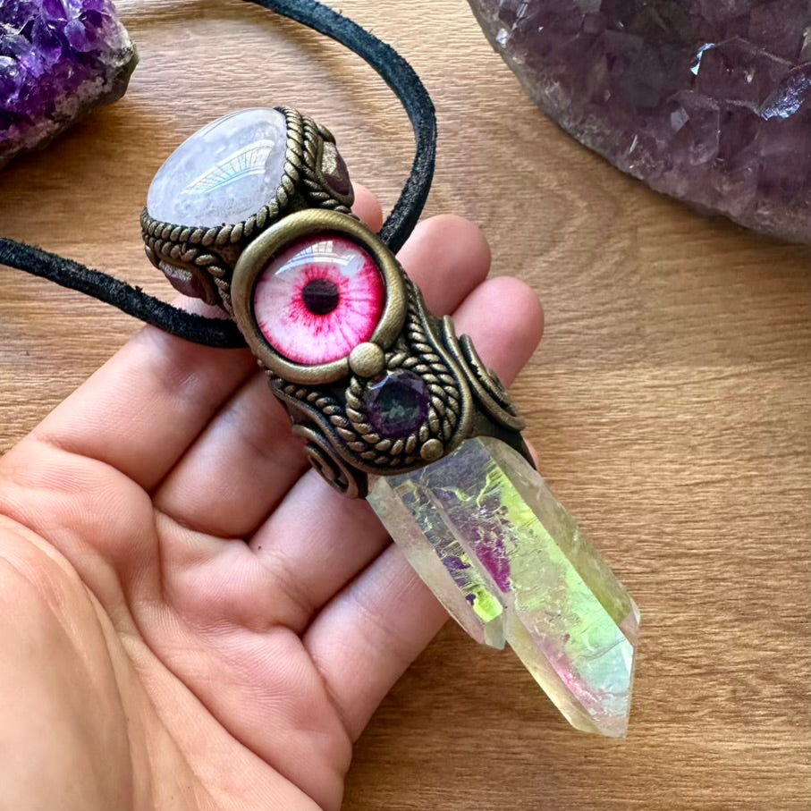 Angel Aura Quartz Rose Quartz Ruby and Mystic Topaz Eye Healing Crystal Talisman - FairyGardenGlow