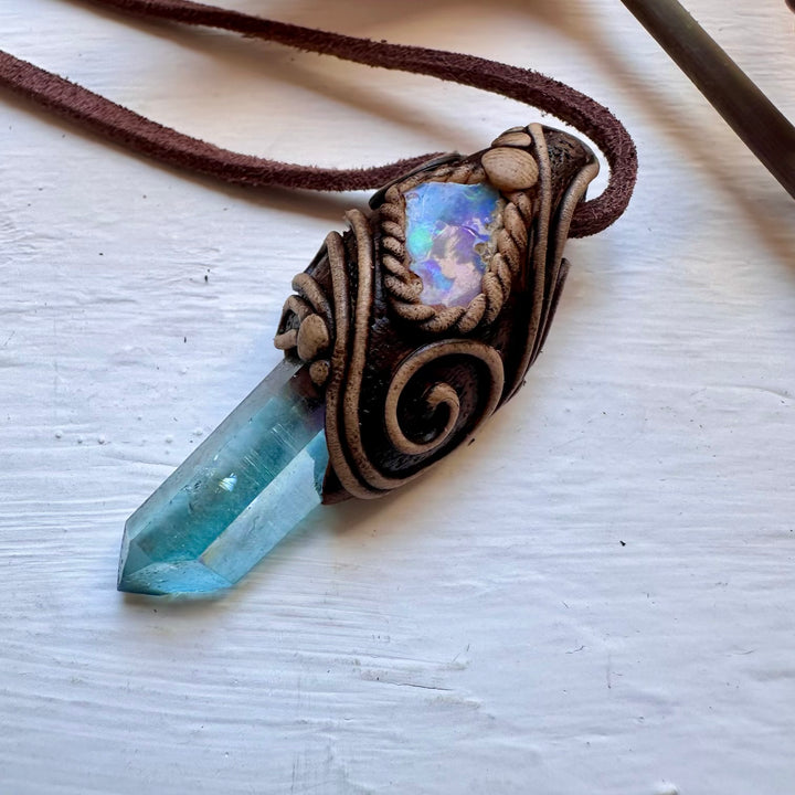 Aqua Aura Quartz and Raw Opal Necklace - FairyGardenGlow