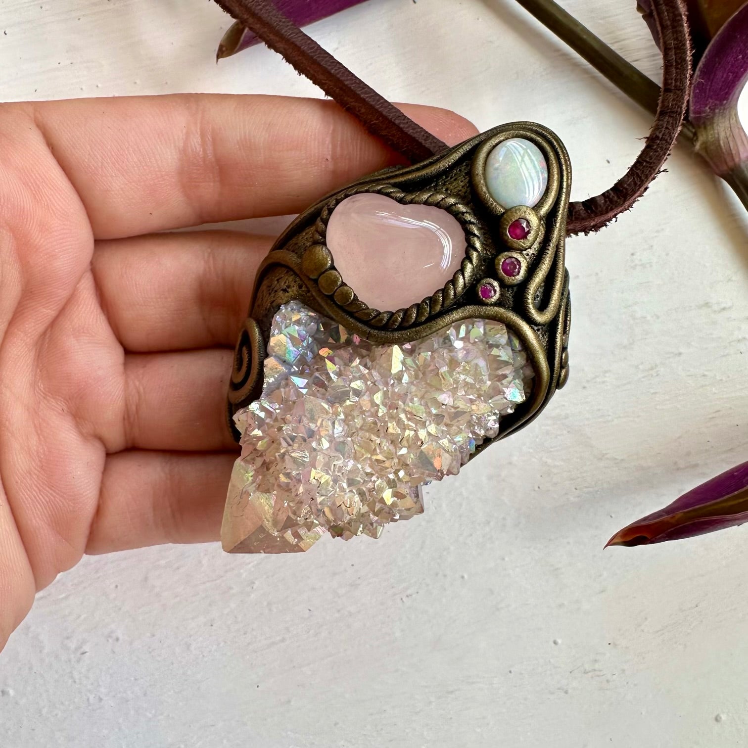 Angel Aura Spirit Quartz Rose Quartz Heart Australian Opal and Ruby Wand / Necklace - FairyGardenGlow