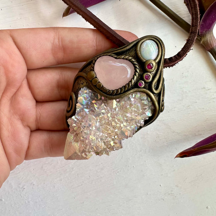 Angel Aura Spirit Quartz Rose Quartz Heart Australian Opal and Ruby Wand / Necklace - FairyGardenGlow