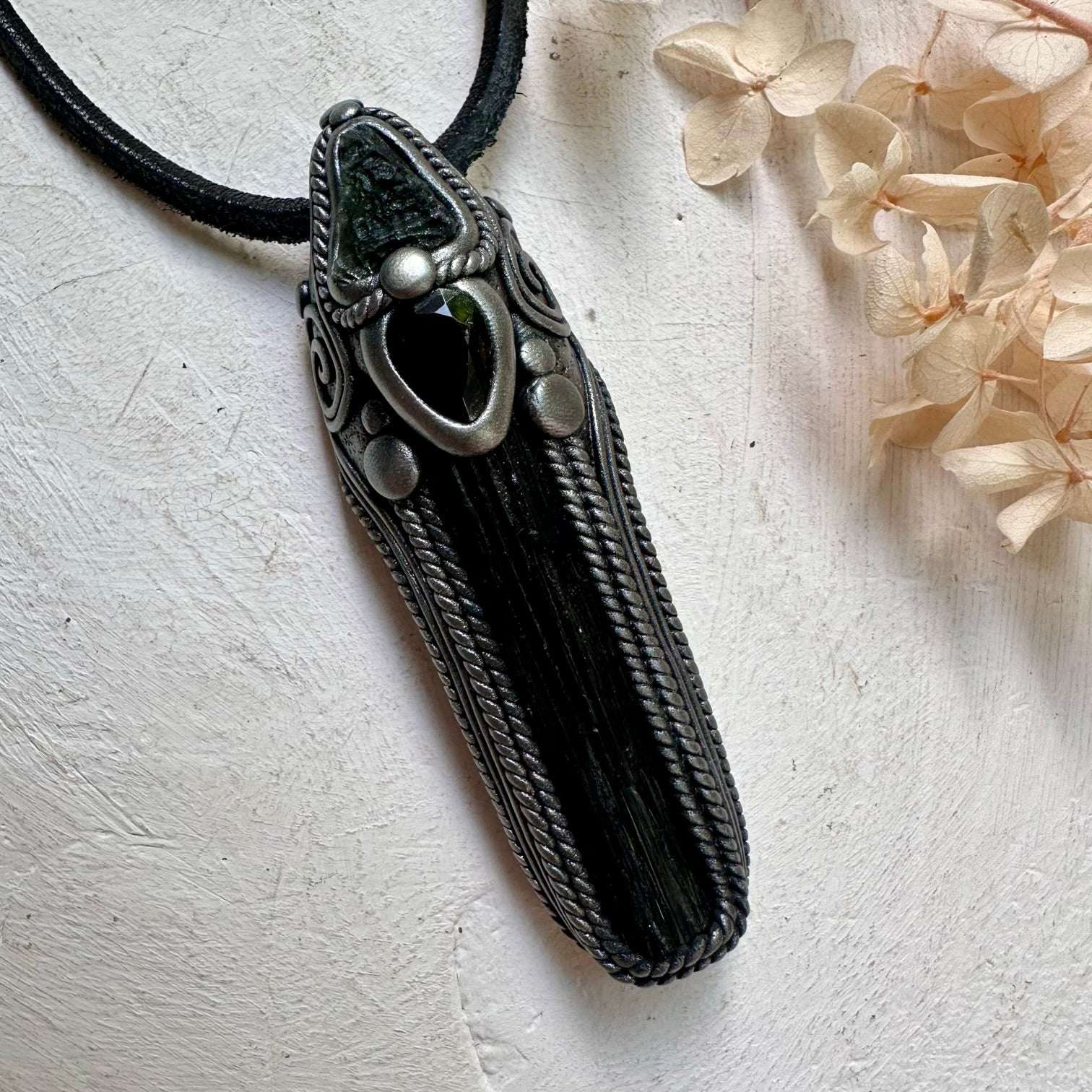 Black Tourmaline Moldavite and Smoky Quartz Wand / Pendant - FairyGardenGlow