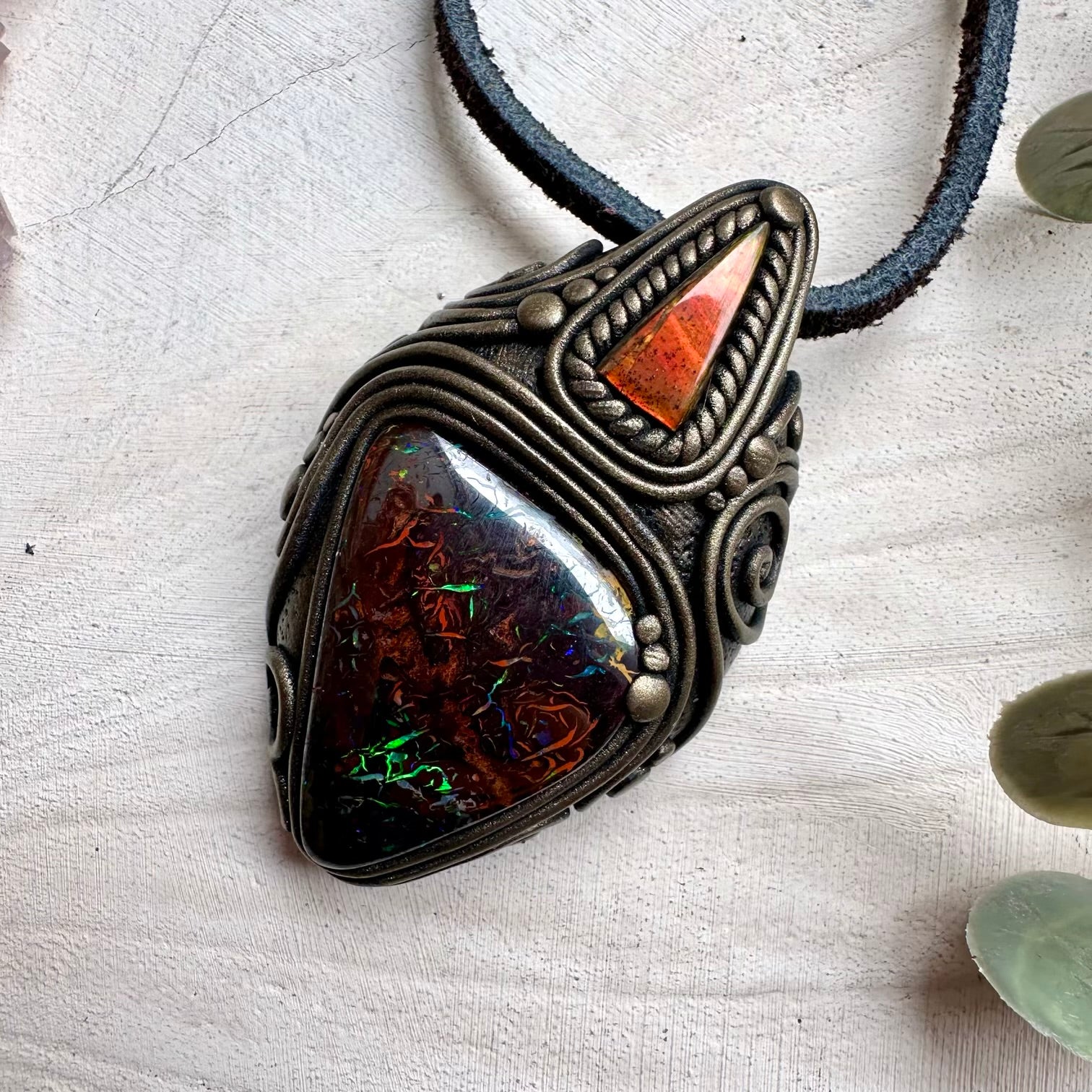 Boulder Opal and Ammolite Pendant, Unique Handmade Necklace