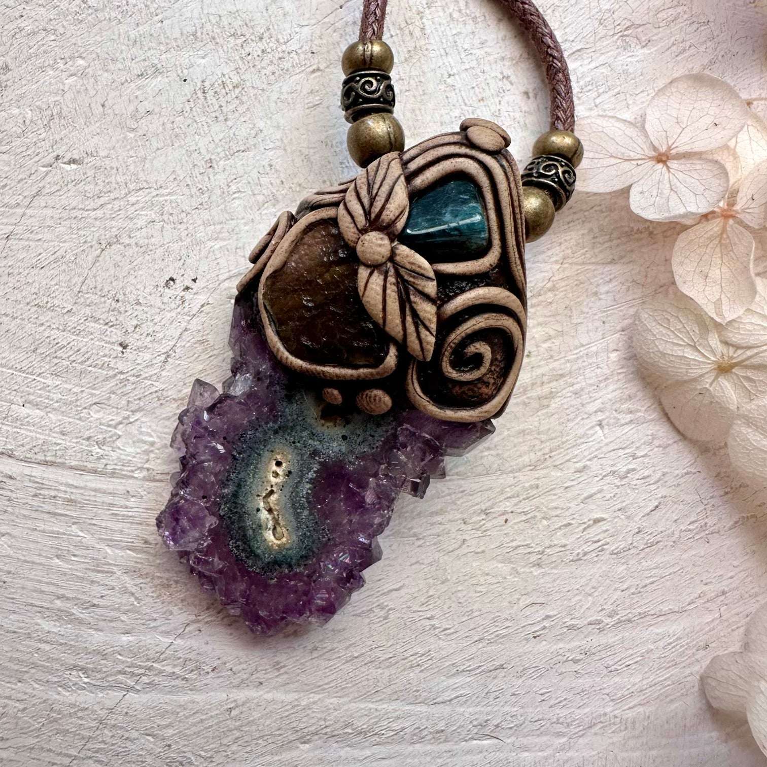 Amethyst Stalactite Blue Tourmaline and Moldavite Pendant - FairyGardenGlow