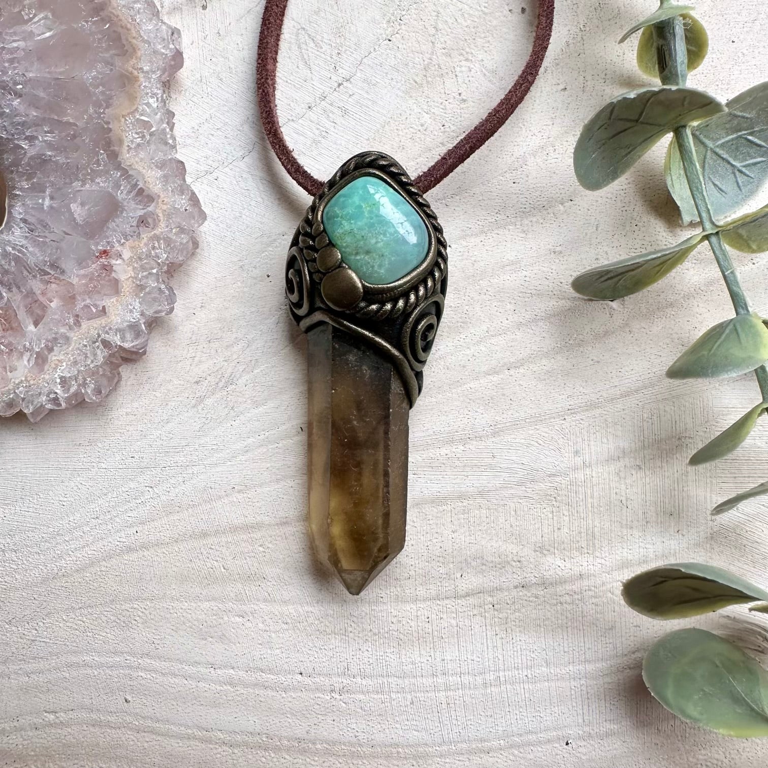 Smoky Quartz and Chrysoprase Pendant, Unisex Crystal Necklace