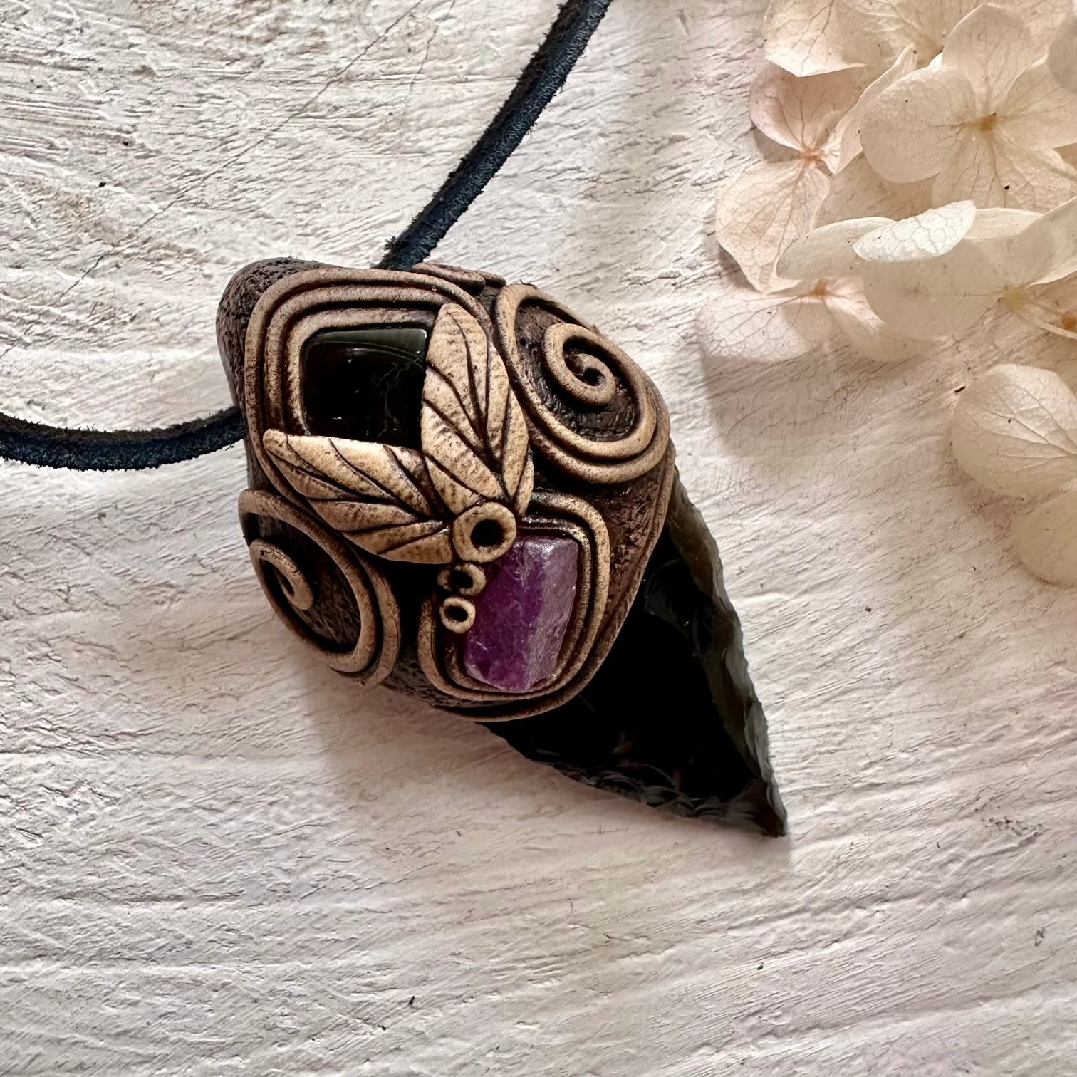 Black Obsidian Arrowhead Ruby and Dravite Pendant Necklace - FairyGardenGlow