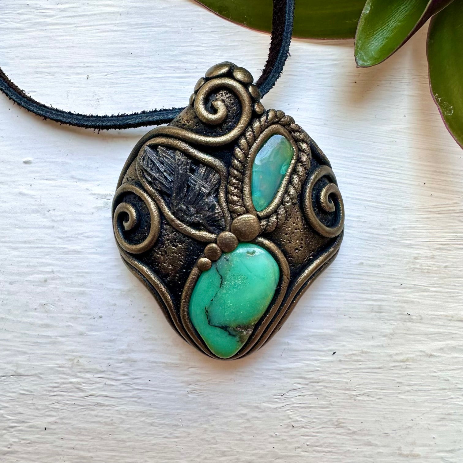 Chrysoprase Black Kyanite and Green Opal Pendant Necklace, Handmade Crystal Necklace - FairyGardenGlow