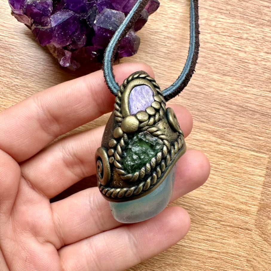Aquamarine Charoite and Moldavite Necklace, Handmade Crystal Jewelry - FairyGardenGlow