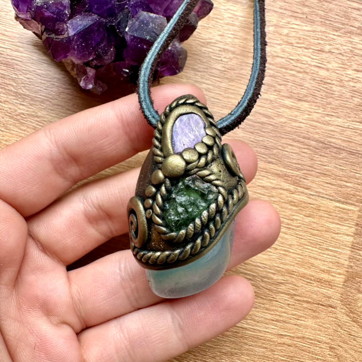 Aquamarine Charoite and Moldavite Necklace, Handmade Crystal Jewelry - FairyGardenGlow