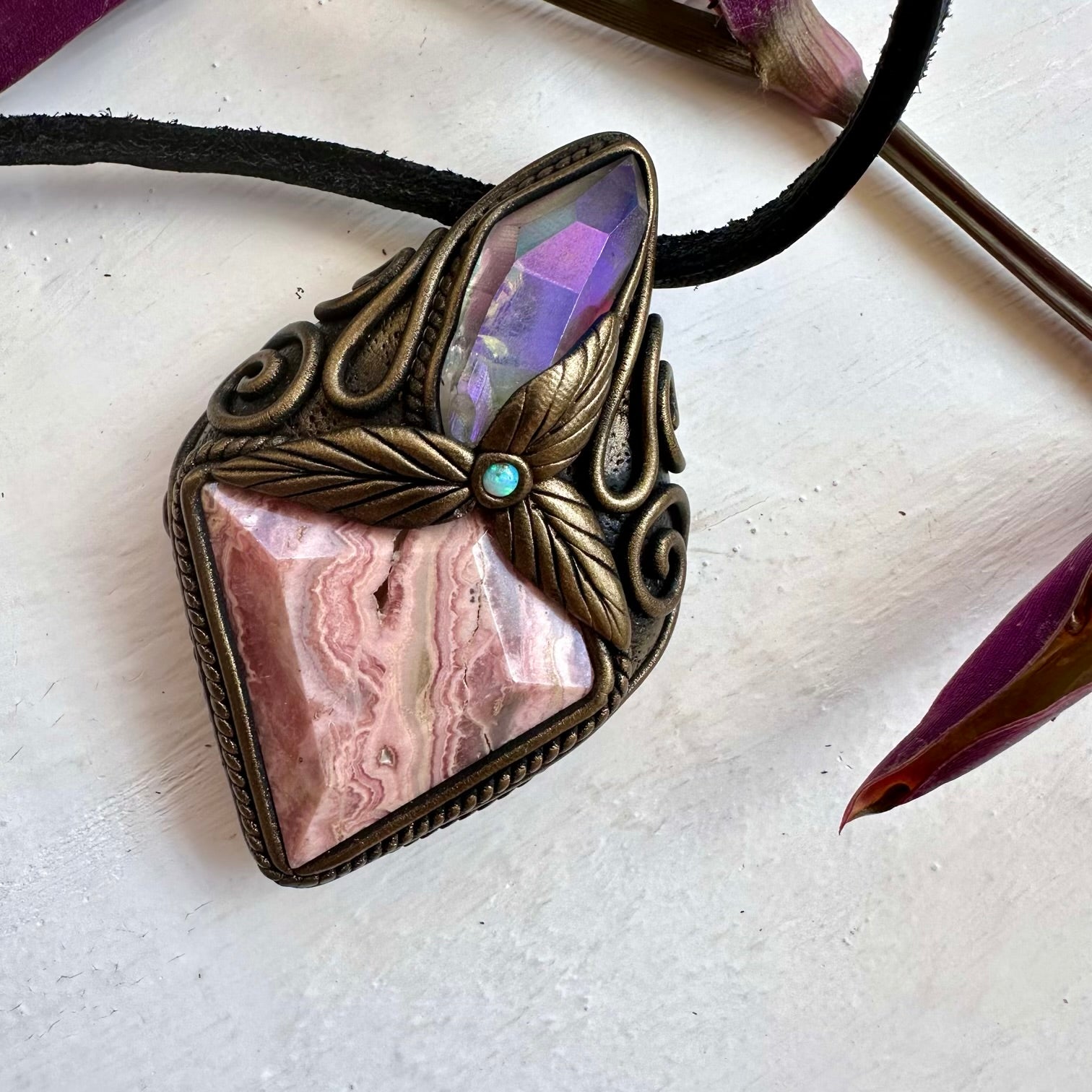 Rhodochrosite Angel Aura Quartz and Australian Opal Pendant Necklace - FairyGardenGlow