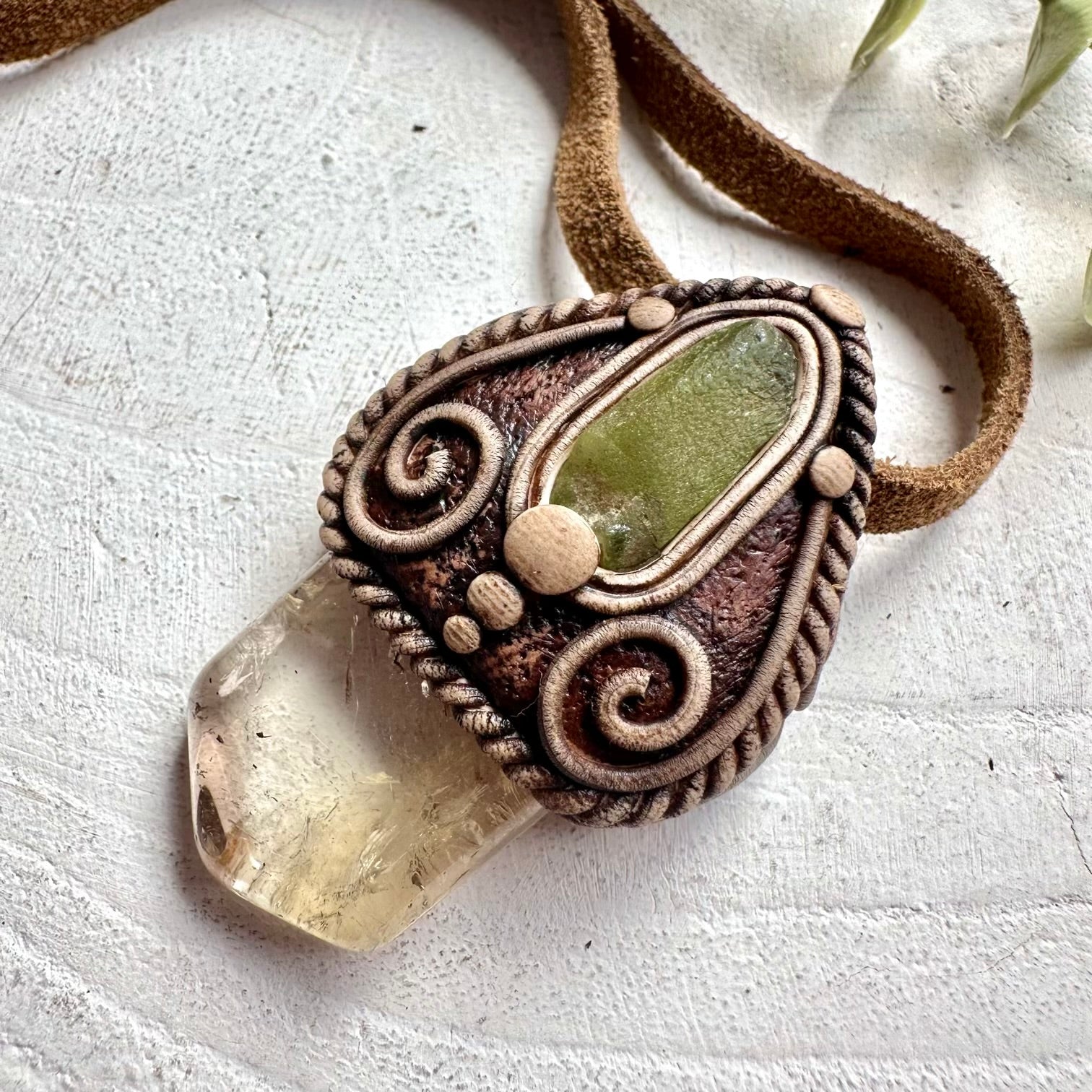 Crystal talisman necklace made with genuine Citrine and Peridot healing crystals.