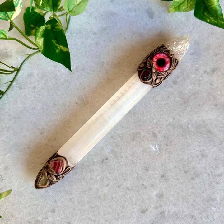 Selenite Crystal Wand, Angel Aura Spirit Quartz Red Garnet Raw Opal and Rhodochrosite Handmade Healing Crystal Wand - FairyGardenGlow