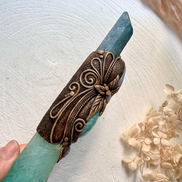 Crystal Wand - Green Fluorite, Aqua Aura Quartz, Amazonite, Blue Chalcedony, Tanzanite and Australian Opal Doublet - FairyGardenGlow