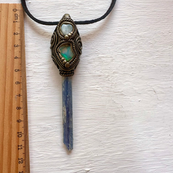Blue Kyanite Larimar and Raw Opal Wand/ Pendant - FairyGardenGlow