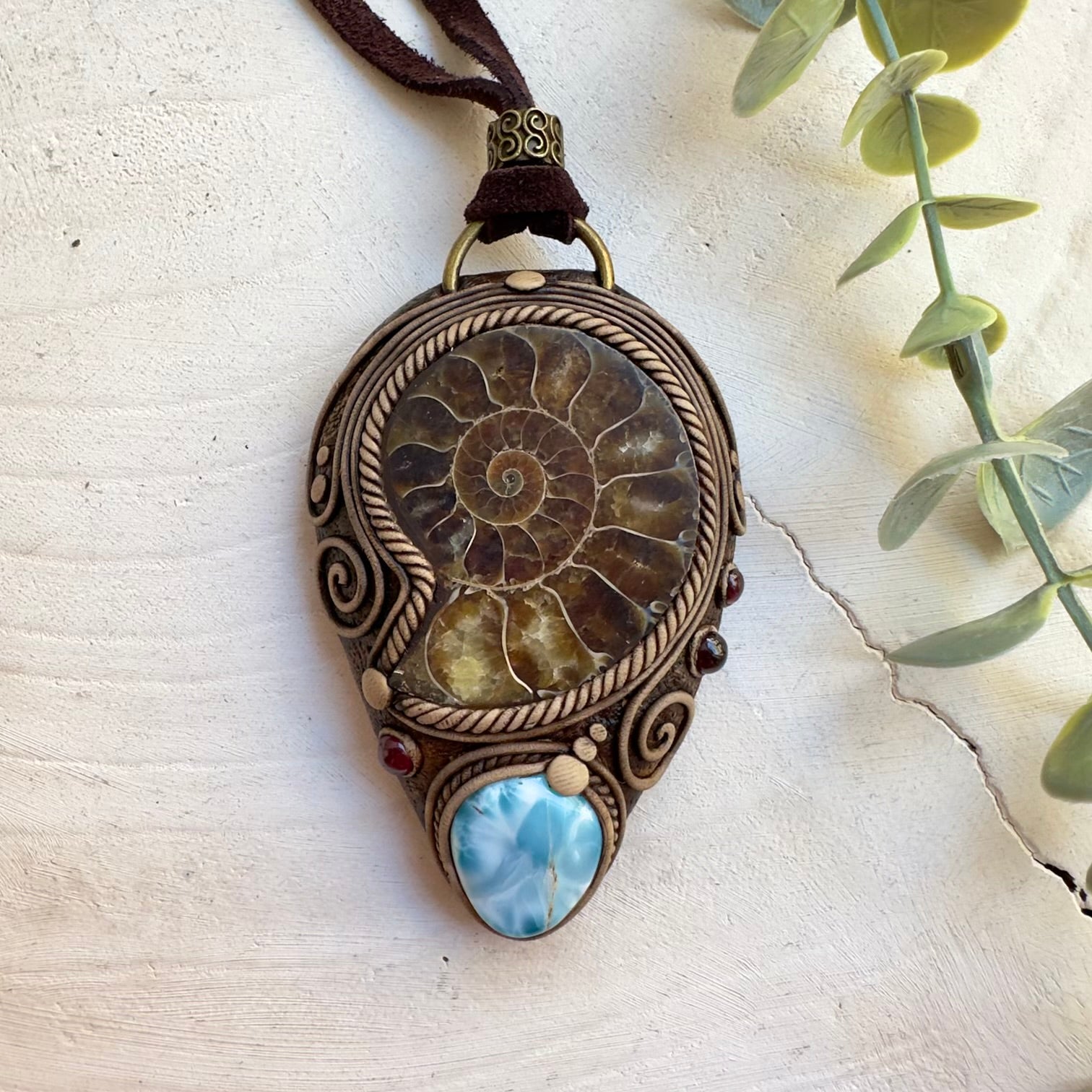 Large ammonite pendant necklace with natural gemstones unisex