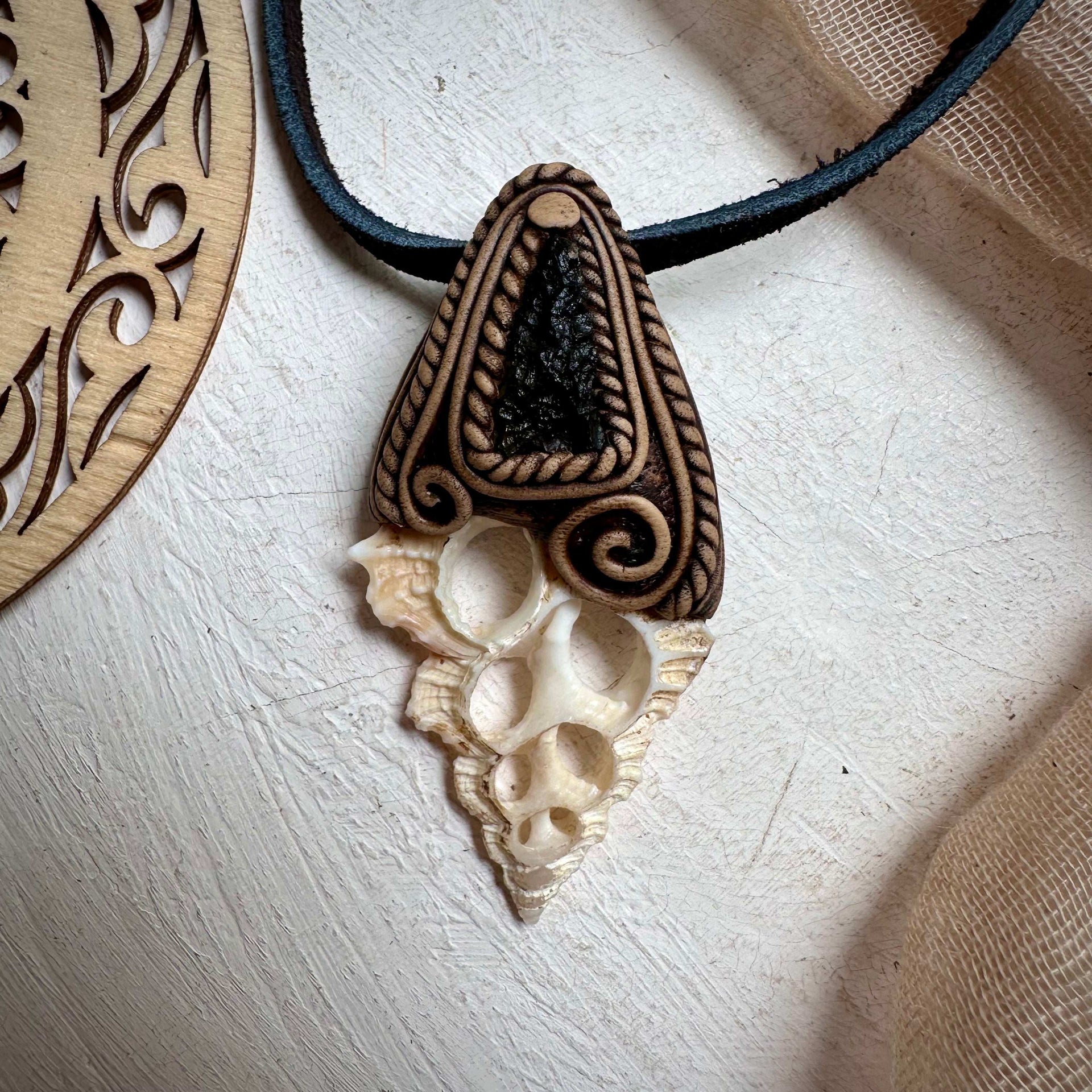 Seashell Slice and Moldavite Necklace - FairyGardenGlow