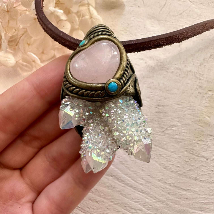 Angel Aura Spirit Quartz Cluster Rose Quartz and Australian Opal Necklace - FairyGardenGlow
