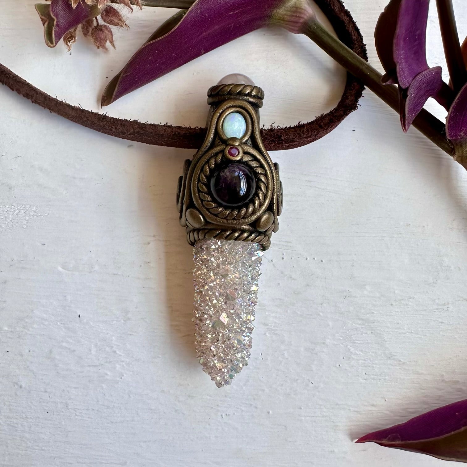 Angel Aura Spirit Quartz Morganite Amethyst Australian Opal and Ruby Pendant Necklace - FairyGardenGlow