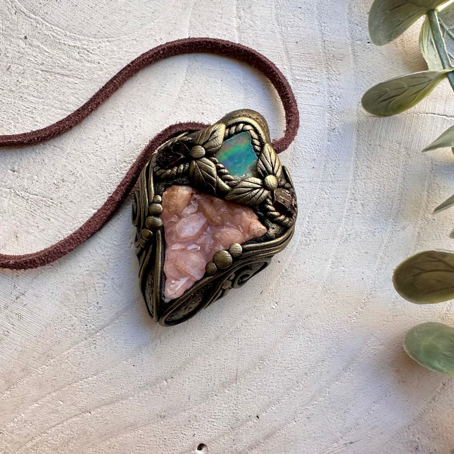 Pink Amethyst Cluster with Red Garnet and Raw Ethiopian Opal Pendant Necklace