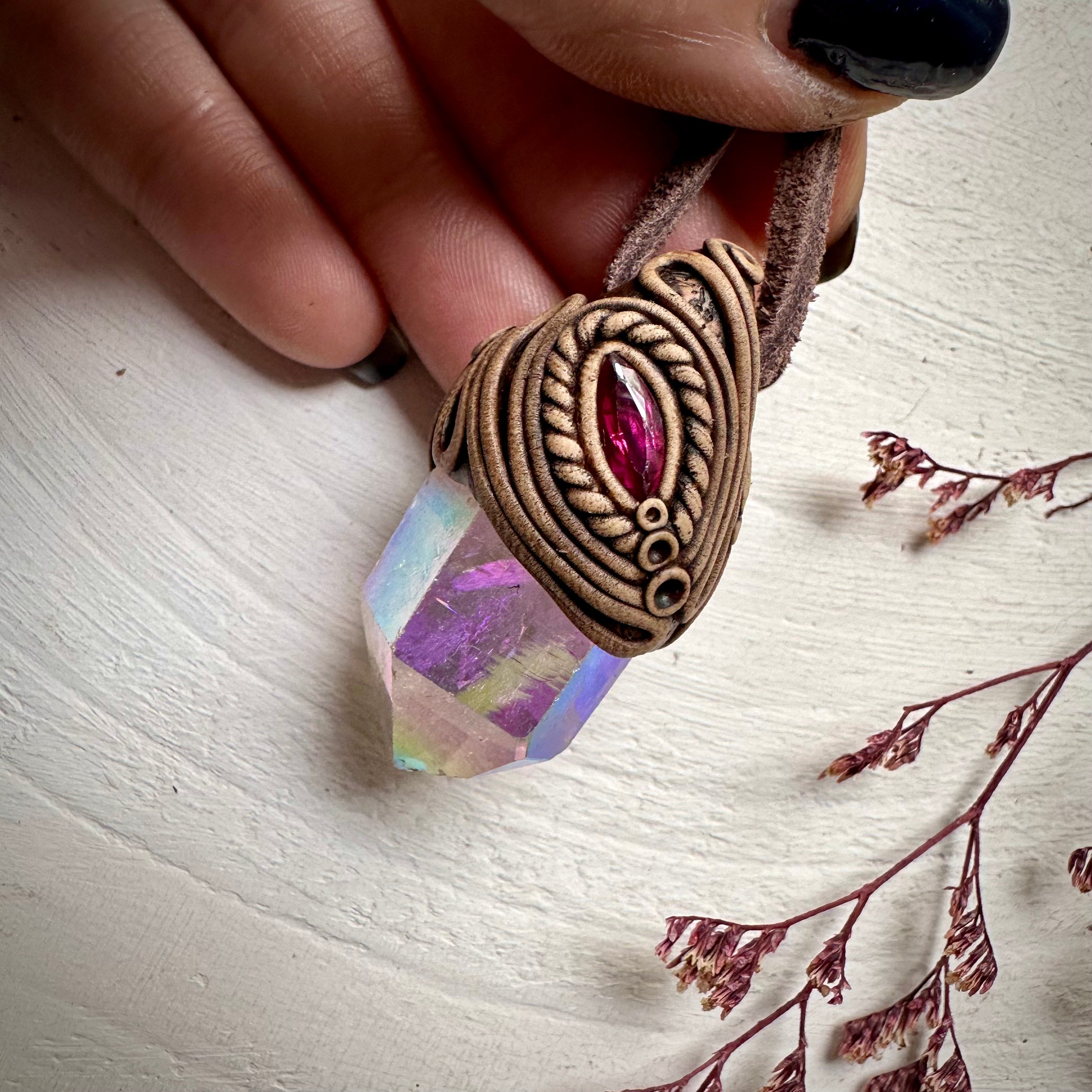 Angel Aura Quartz and Ruby Necklace - FairyGardenGlow