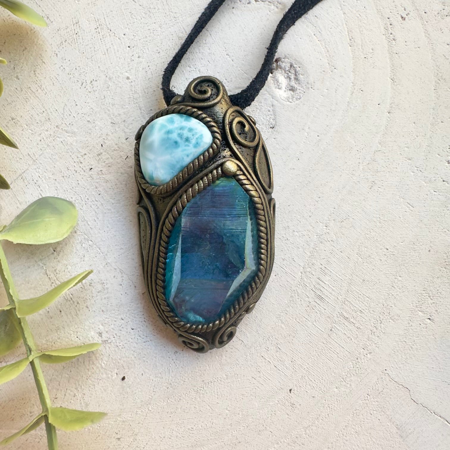 Healing crystal jewelry featuring Aqua Aura Quartz and Larimar