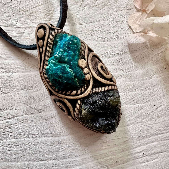 Raw Chrysocolla and Moldavite Pendant Necklace - FairyGardenGlow
